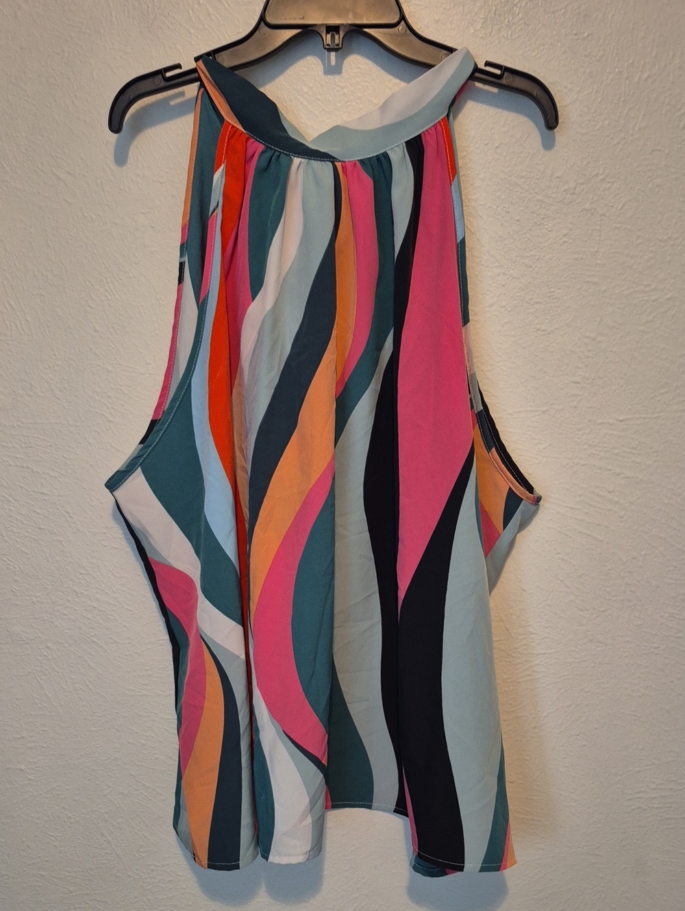 SHEIN Teal Pink Coral Abstract Wave Halter Top